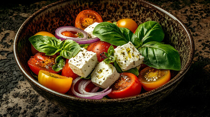 Greek salad with feta cheese, tomatoes, red onion and basil, healthy food, mediterranean food, fresh, delicious, appetizing