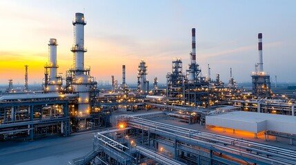 Aufkleber - Glowing Refinery Plant at Dusk   Massive Industrial Complex with Vibrant Sunset Lights Illuminating the Skyline of a Bustling Urban Landscape