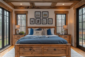 Rustic wooden bed with blue pillows and two bedside cabinets against white wall with three posters frames. Farmhouse interior design of modern bedroom