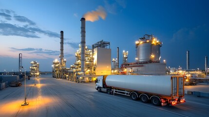 Poster - Aerial view of a fuel tanker being loaded at a petrochemical processing plant showcasing the seamless logistics involved in the supply and distribution of energy resources