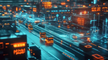 Poster - A futuristic urban landscape showcasing illuminated streets and vehicles in motion.