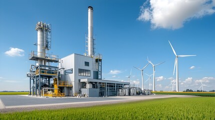 Poster - Biofuel processing plant with wind turbines in the background showcasing the of renewable energy sources for a greener and more sustainable energy production