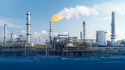 Poster - busy and organized refinery plant with steam rising from the fuel processing facilities showcasing t