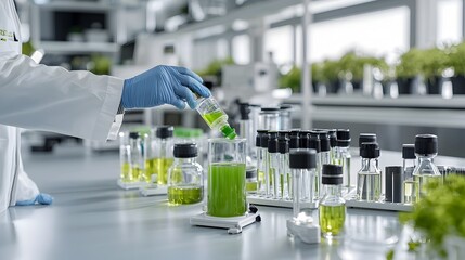 Poster - Scientist working in a clean modern biofuel research laboratory analyzing a green liquid sample for alternative energy development and innovation