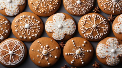 Artisanal Gingerbread Cookies Decorated with Delicate Snowflake and Floral Designs,  Adorned with White Frosting and Pearl-Like Accents