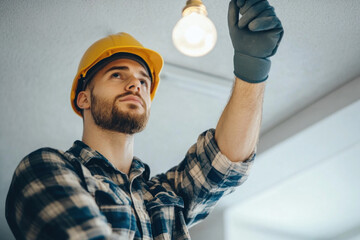 Man in hard hat and gloves installing light bulb in ceiling fixture. Warm light illuminates the room. Busy workshop background with tools and equipment.