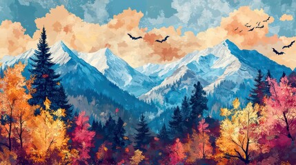 A serene mountain landscape with autumn foliage and a dramatic sky.