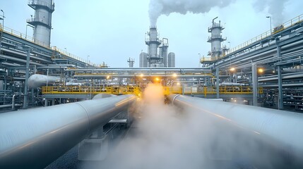 Detailed view of a dynamic fuel processing system in a sleek industrial refinery with pipes and steam billowing capturing the complex engineering and technology powering the energy production