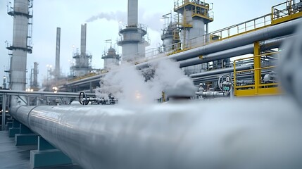 Poster - Close up view of complex fuel refinery pipes with steam escaping from the joints highlighting the power and precision of advanced fuel processing systems in action