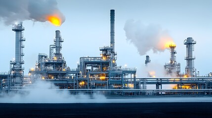 Close up view of steam rising from refinery pipes during active fuel processing capturing the intricate industrial machinery and equipment at work in a detailed textural display