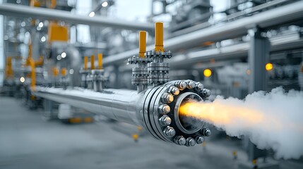 Poster - Close up view of sleek metallic refinery pipes pouring out billowing streams of steam showcasing the advanced technology and energy intensive nature of modern fuel processing systems