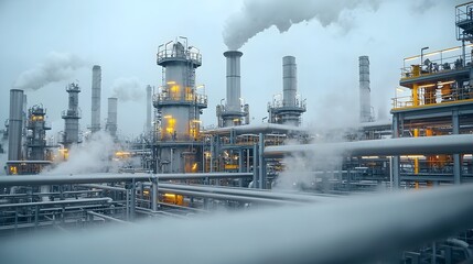 Poster - Detailed close up of interconnected refinery pipes with steam rising representing the intensity and complexity of fuel processing in real time