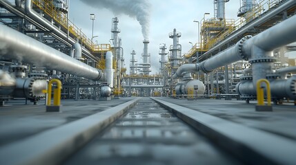 Poster - Detailed close up view of a complex network of interconnected industrial pipes valves and equipment within a fuel processing refinery