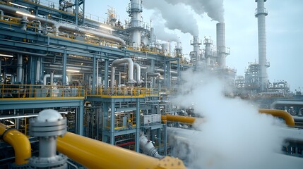 Poster - Detailed close up view of interconnected refinery pipes with steam rising representing the intense complexity and automation involved in fuel processing and energy production in real time