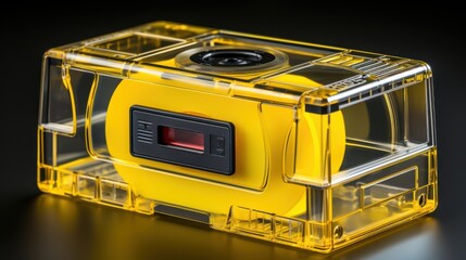 A transparent yellow case with a black and red display and a yellow object inside