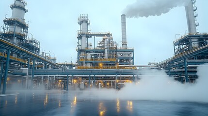 Poster - Intense close up of refinery pipes with powerful steam rising highlighting the intricate and precise industrial process of fuel refinement in action