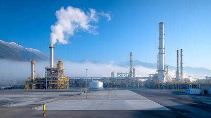 Poster - Aerial View of Massive Glowing Oil Refinery Complex with Metallic Structures Illuminated by Lights Reflecting off Surfaces at Dramatic Sunset Skyline