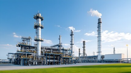 Poster - Aerial View of Expansive Oil Refinery Complex with Metallic Structures Glowing under Vivid Sunset Sky at Dusk