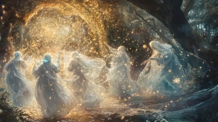 Poster - Ethereal figures dance in a mystical forest, surrounded by glowing lights and enchantment.