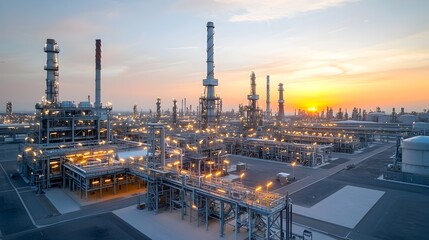 Aufkleber - Captivating sunset colors cast a warm glow over a sprawling oil refinery with its complex network of tanks towers and pipelines illuminated against the darkening sky