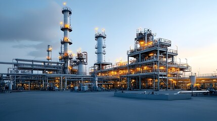 Poster - Stunning sunset illuminates the massive industrial oil refinery complex showcasing the grand scale intricate architecture and glowing warm lights of the facility as the day draws to a close