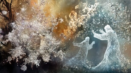 Aufkleber - Ethereal figures interact amidst a shimmering, mystical landscape filled with abstract elements.