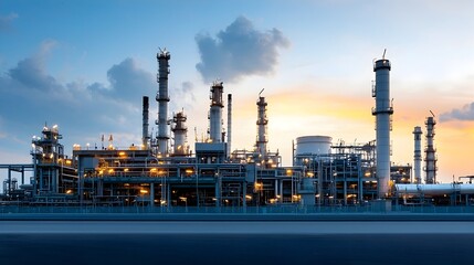 Poster - Powerful sunset sky with glowing lights across a massive sprawling oil refinery complex showcasing the scale and energy of industrial infrastructure