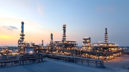 Poster - Dramatic silhouette of a massive oil refinery complex against the vivid colors of a setting sun with glowing lights and reflections illuminating the industrial landscape
