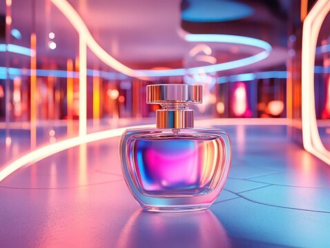 Silver and white highend perfume bottle with holographic label, displayed in a virtual futuristic setting, soft neon lights, 3D rendering with luxurious feel