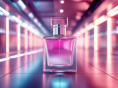 Silver and white highend perfume bottle with holographic label, displayed in a virtual futuristic setting, soft neon lights, 3D rendering with luxurious feel
