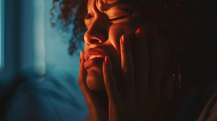 Close-up of a person holding their face in pain, illuminated by dramatic lighting, symbolizing toothache, jaw pain, or emotional distress