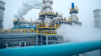 Poster - Detailed view of complex refinery pipes with steam billowing highlighting the precision and technical complexity of fuel processing systems in action within an industrial manufacturing environment