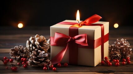 Poster - A Wrapped Gift with a Burning Candle and Festive Decorations on a Rustic Wooden Surface