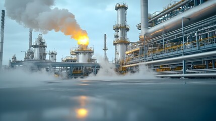 Poster - Sleek high tech refinery pipes with steam rising showcasing the intricate and advanced fuel processing technology at work in this industrial commercial facility