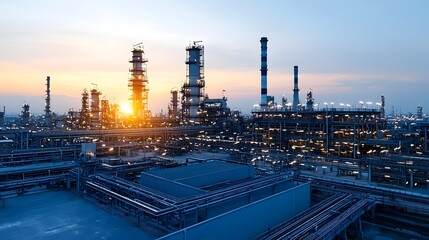 Poster - Massive oil refinery plant glowing with warm lights and towers silhouetted against the dramatic sky at sunset  Industrial complex and energy production facility in the evening landscape