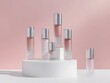 © wahyu - A display of elegant skincare bottles on a minimalistic pedestal against a soft pink background.