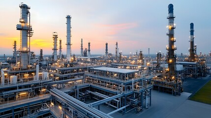 Poster - Dramatic sunset view of an expansive oil refinery complex with glowing lights across the industrial structures creating a visually striking contrast against the vibrant colorful sky