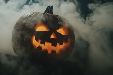 Scary halloween pumpkin with smoke effect on grey background