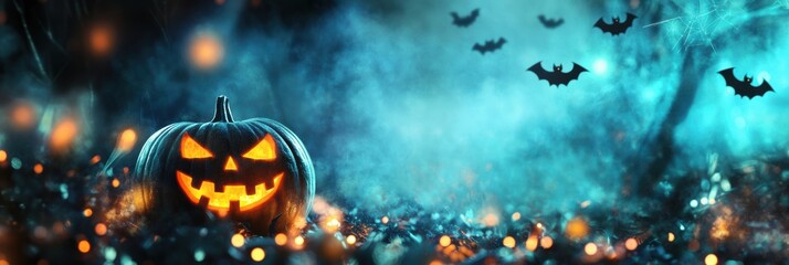 Halloween holiday background template with carved pumpkin and copy space