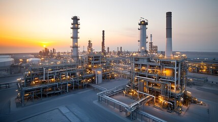 Poster - Dramatic sunset casts a warm glow over a massive industrial oil refinery plant with the complex illuminated against the deep purple evening sky as day transitions to night