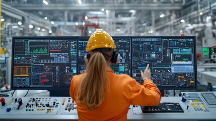 Poster - Focused worker intently monitoring the digital control panel of a fuel processing by advanced industrial machinery and technology