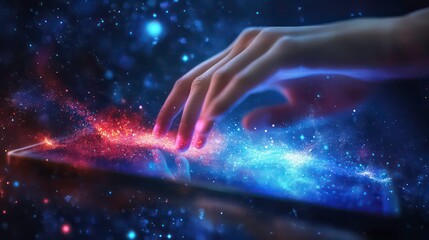 Aufkleber - A hand reaching toward a cosmic display, symbolizing exploration and connection with the universe.