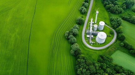 Poster - Aerial view showcasing a biofuel processing facility situated within a lush environmentally conscious landscape demonstrating the of sustainable energy production and eco friendly design
