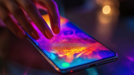 Poster - A close-up of a hand interacting with a vibrant smartphone screen displaying colorful patterns.