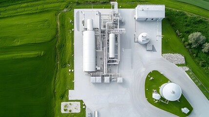 Poster - Aerial photography showcasing a modern biofuel production facility with integrated sustainable energy systems and eco friendly fuel processing infrastructure