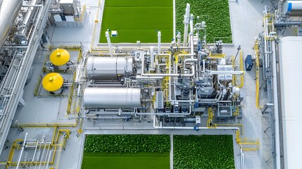 Poster - Aerial perspective of a modern biofuel production facility highlighting the advanced eco friendly fuel processing systems and sustainable energy practices integrated within the industrial landscape