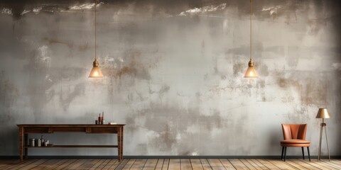 A Minimalist Interior Design with a Rustic Wall, a Wooden Table, a Leather Chair, and Two Pendant Lights