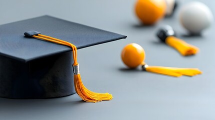 Poster - Graduation cap and tassel against a clean minimalist background with ample empty space for adding text overlay  Represents academic achievement success and new beginnings