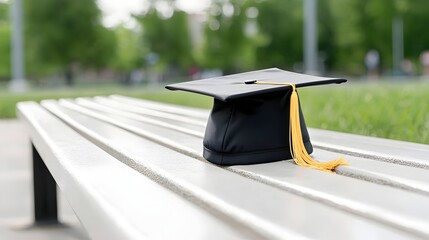 Poster - Graduation cap on a bench with empty space to the left representing academic achievement education success