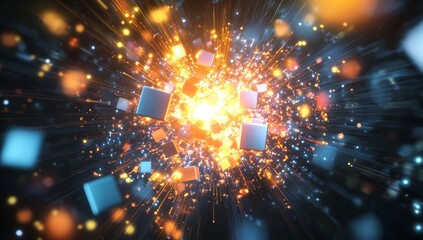 Fototapete - Abstract background yellow gold blue, metaverse and technology, lasers and geometric shapes, light glow in dark space, intuitive AI